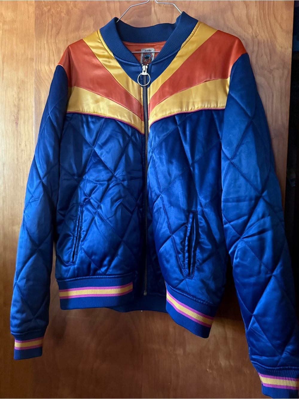 Classic Rock Couture Sun Blue Quilted Bomber Jacket with Yellow & Orange Accents